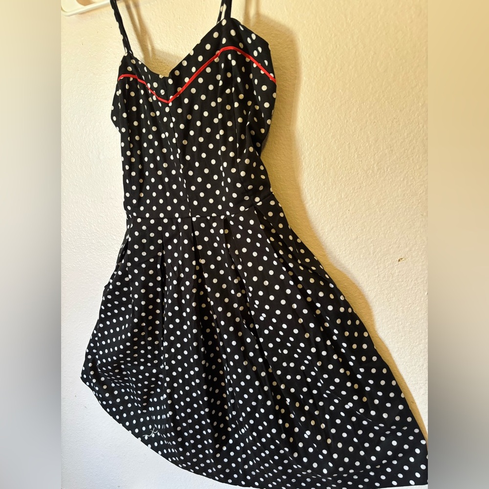 Cute Pinup Rockabilly Black and White Polka Dot A Line Dress with Red Trim - Picture 7 of 16